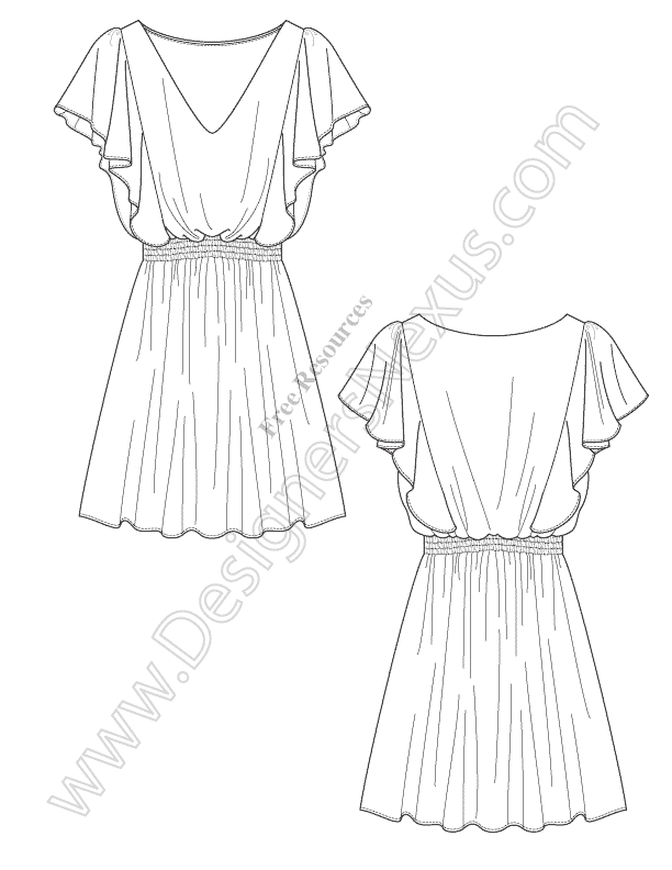 V67 Draped Dress Illustrator Flat Drawing - Designers Nexus