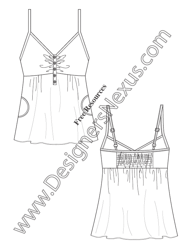 074- v-neck henley baby-doll tank top flat fashion sketch