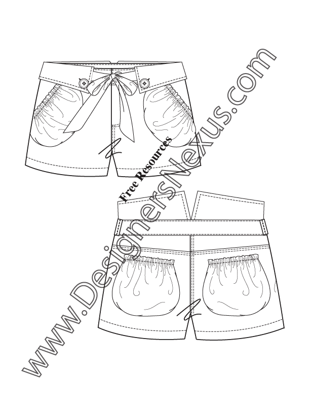 093- gathered bubble pocket folded waistband shorts illustrator flat fashion sketch