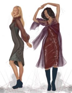 Fashion Illustration 065, freehand rendered sketches of two dresses.