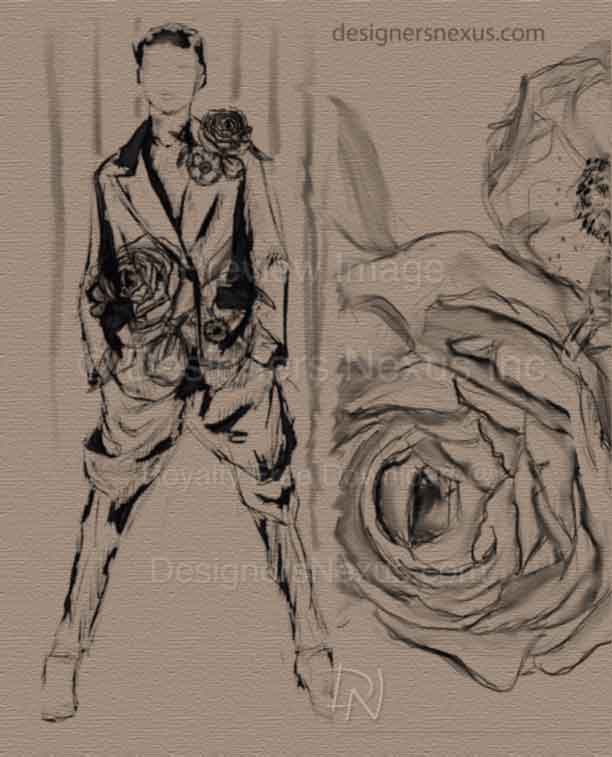 Fashion Illustration 069. Women's pants suit with roses rough fashion drawing