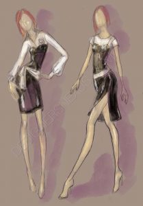 Fashion illustration 070. Black dresses over white tops. rendered fashion sketches.