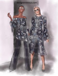 freehand rendered Sketched of two women's wear outfits. fashion Illustration 071