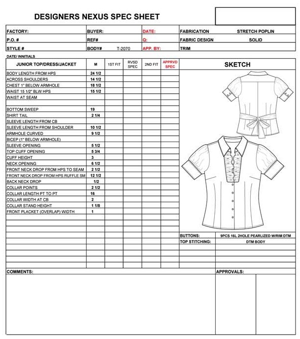 Garment Specification Sheet