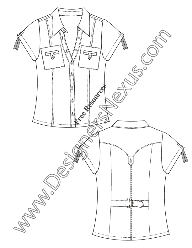 075- short sleeve blouse top flat fashion sketch