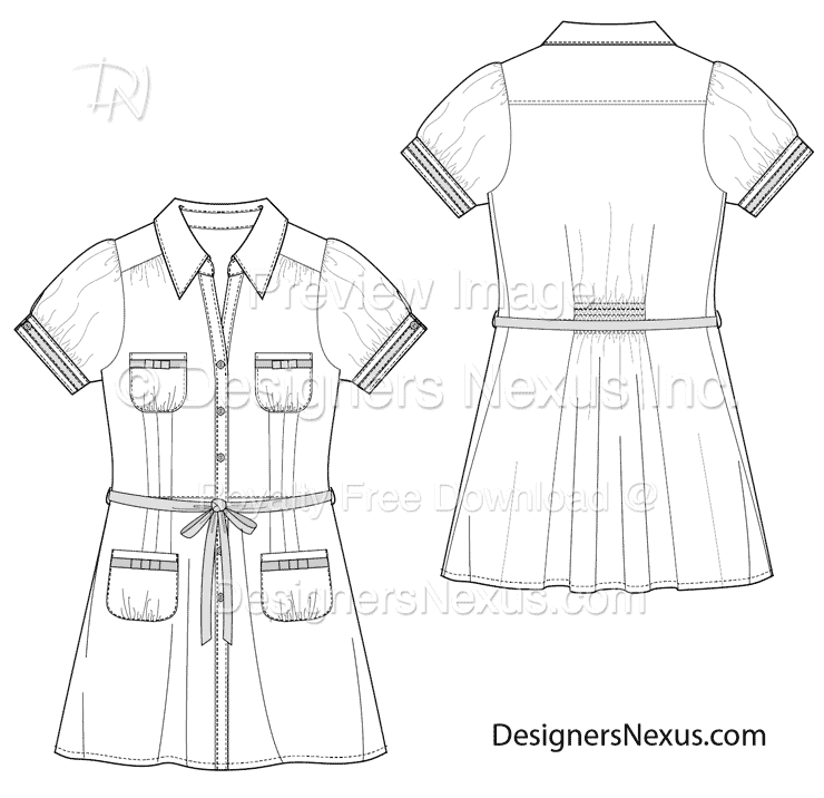 Dress Fashion Flat Sketch Template. Dress Technical Drawing Stock