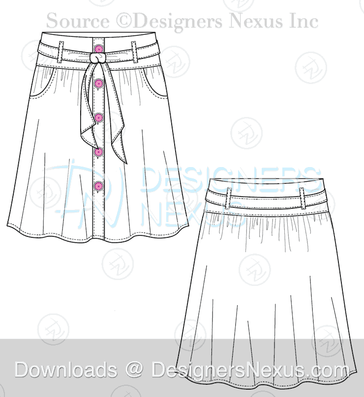 Floor-length flared skirt with pleats, banded waist, back zip closure. Back  and front. Technical flat sketch. Stock Vector | Adobe Stock